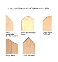 Zaunlatten mit Profilkopf: unbehandelt 21 x 70 mm, Höhe 1,25 m